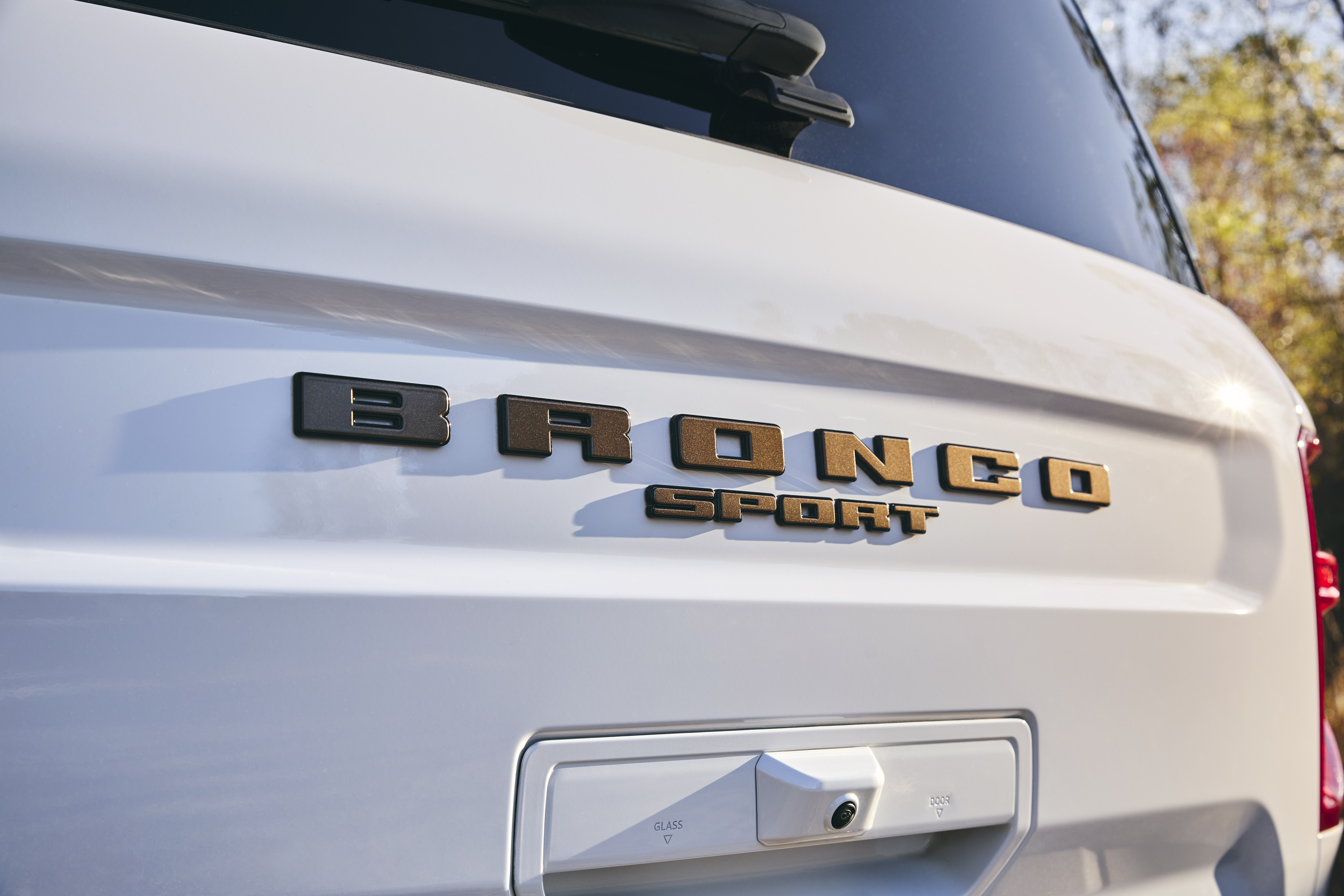 The back of a white Ford Bronco with the words "Bronco Sport" across the back in bronze letters.